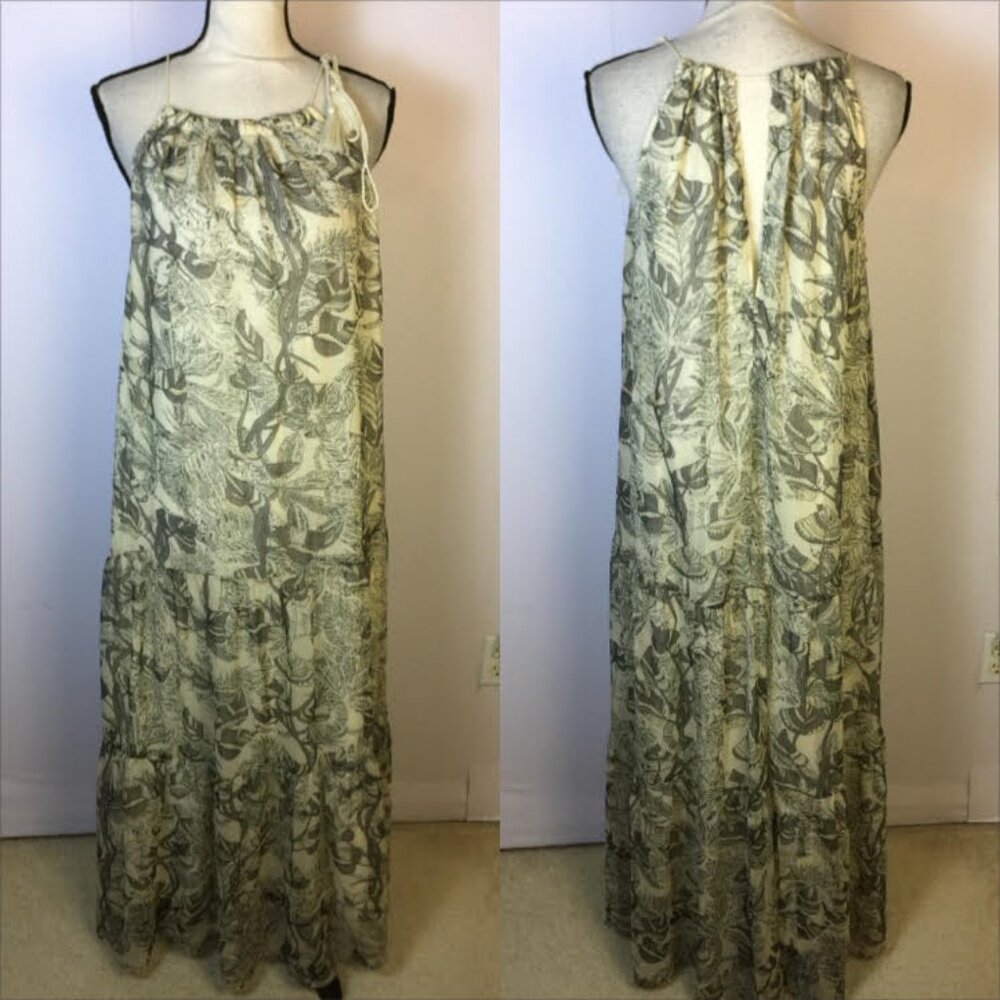 World Market Maxi Halter Dress S/M Womans Beige Metallic Crepe Tie Shoulder Boho - Picture 1 of 14